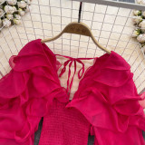 Spring Sexy Deep V-Neck Ruffled Slim Waist Lantern Sleeve Chiffon Shirt