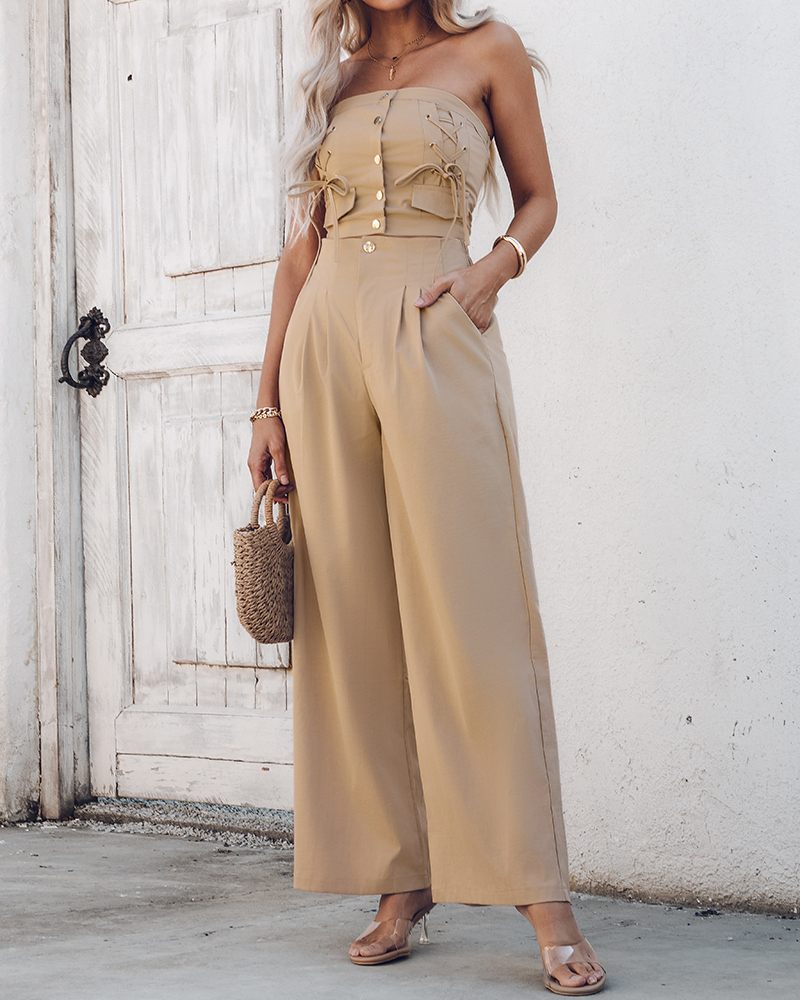 Button Strapless Top & Wide Leg Pants Set