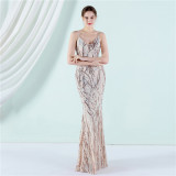 Women Summer Vintage Strap Sleeveless Striped Print Sequined Evening Dress