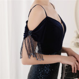 Spring Elegant Sequin Strap Off Shoulder Tassels Short Sleeve V-Neck Slit Long Evening Dress