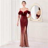 Spring Elegant Sequin Strap Off Shoulder Tassels Short Sleeve V-Neck Slit Long Evening Dress