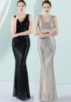 Women Summer Formal V-neck Sleeveless Patchwork Sequined Mermaid Evening Dress