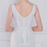 Women Summer Romantic V-neck Short Sleeves Sequined Mermaid Fringed Evening Dress