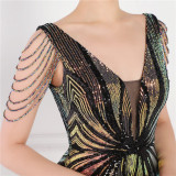 Women Summer Romantic V-neck Short Sleeves Sequined Mermaid Fringed Evening Dress
