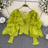 Spring Sexy Deep V-Neck Ruffled Slim Waist Lantern Sleeve Chiffon Shirt