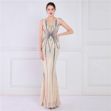 Women Summer Formal V-neck Sleeveless Patchwork Sequined Mermaid Evening Dress