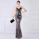 Women Summer Romantic Strap Sleeveless Solid Sequined Mermaid Evening Dress