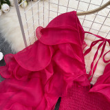 Spring Sexy Deep V-Neck Ruffled Slim Waist Lantern Sleeve Chiffon Shirt