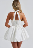 Women Summer Halter Neck Tie-Drawn Bow Puffy Dress
