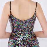 Women Summer Romantic Strap Sleeveless Solid Sequined Mermaid Evening Dress
