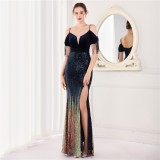 Spring Elegant Sequin Strap Off Shoulder Tassels Short Sleeve V-Neck Slit Long Evening Dress
