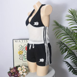 Women's Crop Hollow Contrast Low-Back Vest Shorts Two-Piece Set