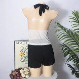 Women's Crop Hollow Contrast Low-Back Vest Shorts Two-Piece Set