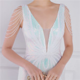Women Summer Romantic V-neck Short Sleeves Sequined Mermaid Fringed Evening Dress