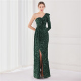 Winter Elegant Sequins Ruffled One Shoulder Long Sleeve Slit Formal Party Evening Dress