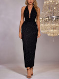 Women Mesh Silver Patch Sexy Backless Swinging Neck Halter Neck Lace-Up Slit Maxi Dress