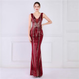 Women Summer Formal V-neck Sleeveless Patchwork Sequined Mermaid Evening Dress