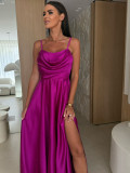 Women's Summer Sexy Low-Back Solid Color Strap Slit Dress