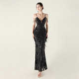 Women Beaded Feather Decoration Beaded Fishtail Evening Dress