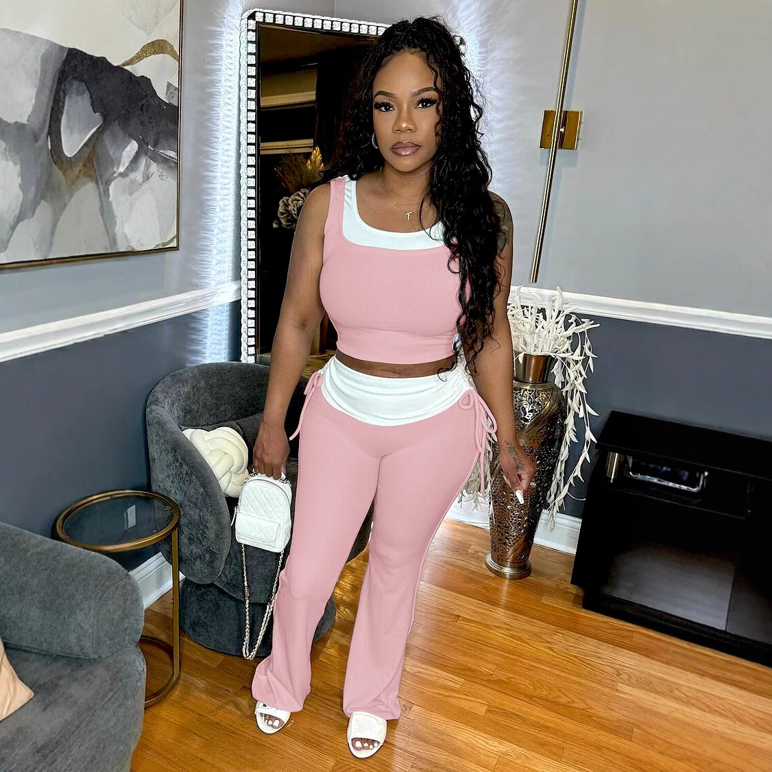 Women Casual Stretchy Patchwork Contrast Ribbed Sleeveless Tank Top and Pants Two-piece Set