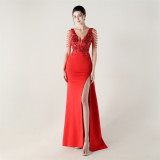 Women Beaded Tube Embroidery Beaded Fishbone Waist Formal Party Evening Dress