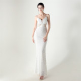 Women clothing V Neck sequins beaded hollow mesh off-shoulder Formal Party evening dress