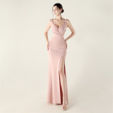 Women clothing cross pleated hollow mesh V Neck Formal Party evening dress