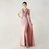 Women Beaded Tube Embroidery Beaded Fishbone Waist Formal Party Evening Dress