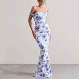Women Sexy Strap Bcakless Leopard Maxi Dress