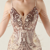 Women Beaded Feather Decoration Beaded Fishtail Evening Dress