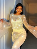 Women Summer Fishnet Rhinestone Long Sleeve Bcakless Top