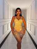 Women Beaded Stretchy Net Sexy Mesh Suspender V-Neck Dress