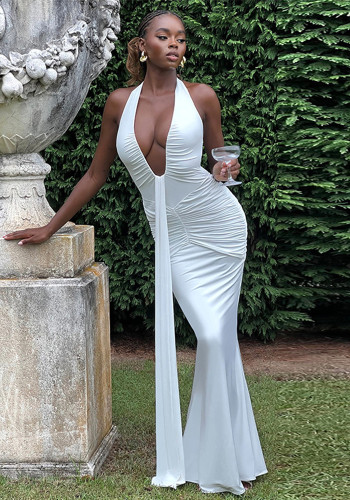 Women Elegant Halter Neck V-neck Bcakless Lace-up Gathered Maxi Dress