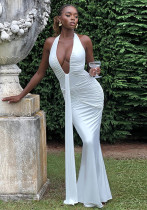 Women Elegant Halter Neck V-neck Bcakless Lace-up Gathered Maxi Dress Women Elegant Halter Neck V-neck Bcakless Lace-up Gathered Maxi Dress