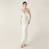 Women Beaded Feather Decoration Beaded Fishtail Evening Dress