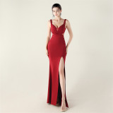 Women clothing cross pleated hollow mesh V Neck Formal Party evening dress