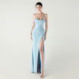 Women beaded fishbone Lace-Up pleated V Neck Formal Party sling evening dress