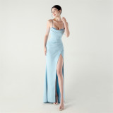 Women beaded fishbone Lace-Up pleated V Neck Formal Party sling evening dress