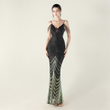 Plus Size Women V Neck Wave Gradient Beaded Beaded Formal Party Evening Dress