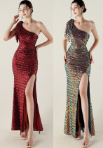 Plus Size Women clothing one-shoulder nail flower beaded evening dress