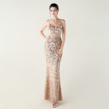 Women clothing V Neck sequins beaded hollow mesh off-shoulder Formal Party evening dress