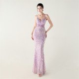 Women clothing V Neck sequins beaded hollow mesh off-shoulder Formal Party evening dress