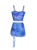Women Two Mesh Sexy Camisole Top and Irregular Slit Skirt Two-Piece Set