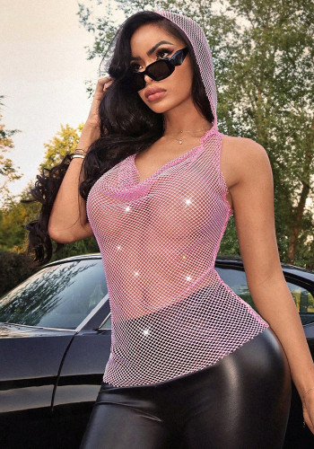Women Sexy Stretchy Net Beaded Hooded Halter NeckTop