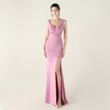 Women clothing cross pleated hollow mesh V Neck Formal Party evening dress
