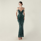 Women Beaded Feather Decoration Beaded Fishtail Evening Dress