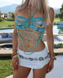 Women Hollow Bcakless Halter Neck Beaded Vest Blue Gem Body Chain