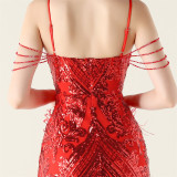 Women Beaded Feather Decoration Beaded Fishtail Evening Dress