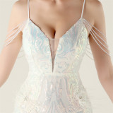 Women Beaded Feather Decoration Beaded Fishtail Evening Dress