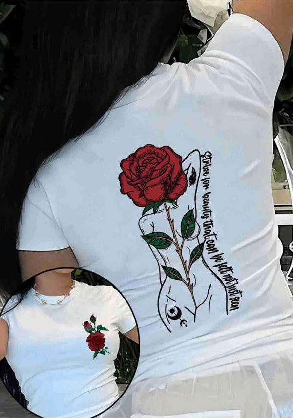 Women Vintage Print Round Neck Casual Short Sleeve Top